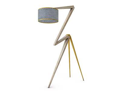 Unique Shaped Modern Floor Lamp With Triangular Wooden Base And Blue Patterned Circular Shade 3d model
