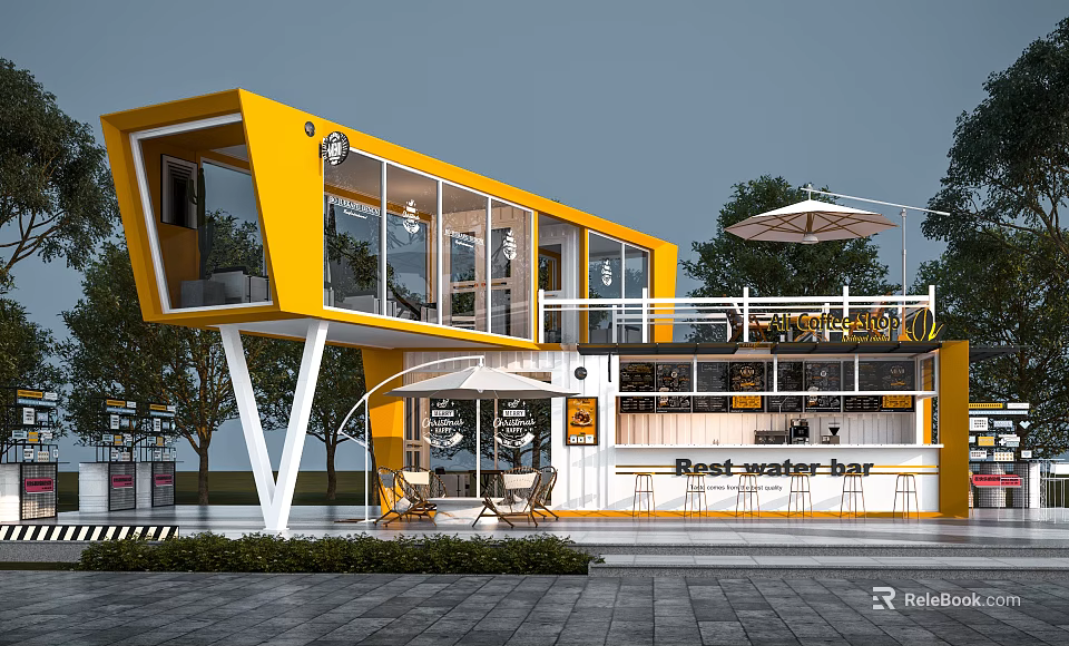 Yellow Container Building Cafe Bar With Glass Windows Balcony And Outdoor Seating 3d model 