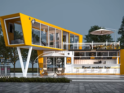 Yellow Container Building Cafe Bar With Glass Windows Balcony And Outdoor Seating 3d model