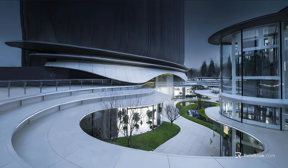 Modern Sales Office Building Curved Design Glass Curtain Walls Outdoor Courtyard Lawn Trees Pathways Lighting 3d model 