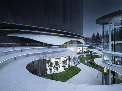 Modern Sales Office Building Curved Design Glass Curtain Walls Outdoor Courtyard Lawn Trees Pathways Lighting 3d model