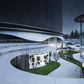 Modern Sales Office Building Curved Design Glass Curtain Walls Outdoor Courtyard Lawn Trees Pathways Lighting