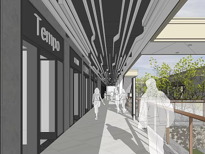 Modern Elevator Hallway Interior With Striped Ceiling People Walking Storefronts Railing And Green Plants 3d model