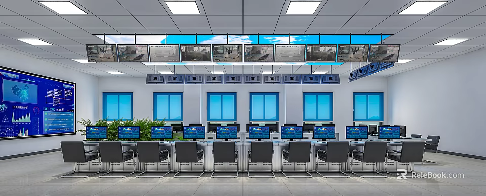 Modern Monitoring Room With Multiple Wall Mounted Screens And Control Workstations Setup 3d model 