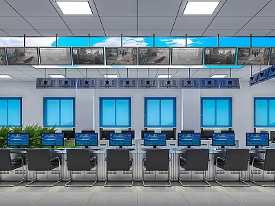 Modern Monitoring Room With Multiple Wall Mounted Screens And Control Workstations Setup 3d model