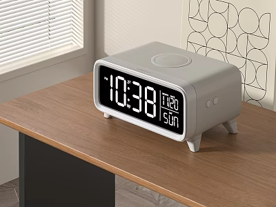 Gray Digital Clock on Wooden Table with Time and Day Display White Numbers Black Screen 3d model