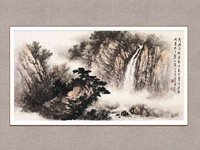 Chinese Landscape Painting Huang Jun Wall Waterfall Yin Tao model