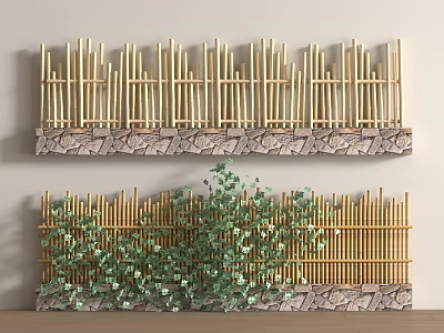 Golden Bamboo Railings With Stone Base And Green Vines For Garden Decoration 3d model