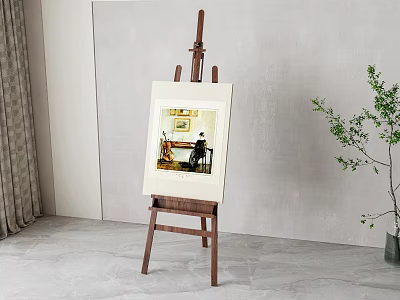 Interior Display of Wooden Easel with Canvas Painting Featuring Musical Instruments and Art Supplies 3d model