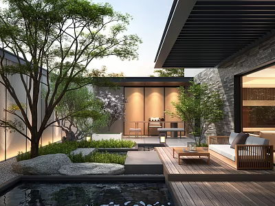 Tranquil Courtyard Garden Featuring Trees Water Feature Wooden Deck Stones Sofa And Lighting 3d model