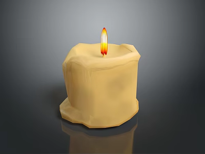Burning Yellow Candle With Melted Wax Dripping And Flame On Dark Background 3d model