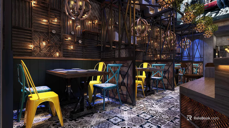 Elegant Modern Restaurant Interior With Colorful Chairs And Decorative Lighting 3d model 