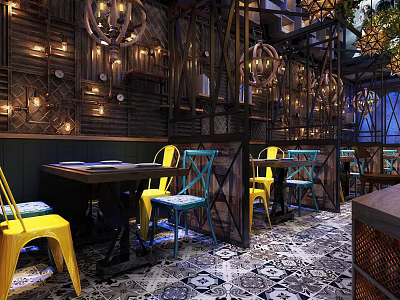 Elegant Modern Restaurant Interior With Colorful Chairs And Decorative Lighting 3d model
