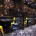 Elegant Modern Restaurant Interior With Colorful Chairs And Decorative Lighting
