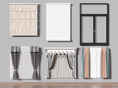 Various Styles of Window Curtains with Pleated Blinds and Striped Patterns 3d model