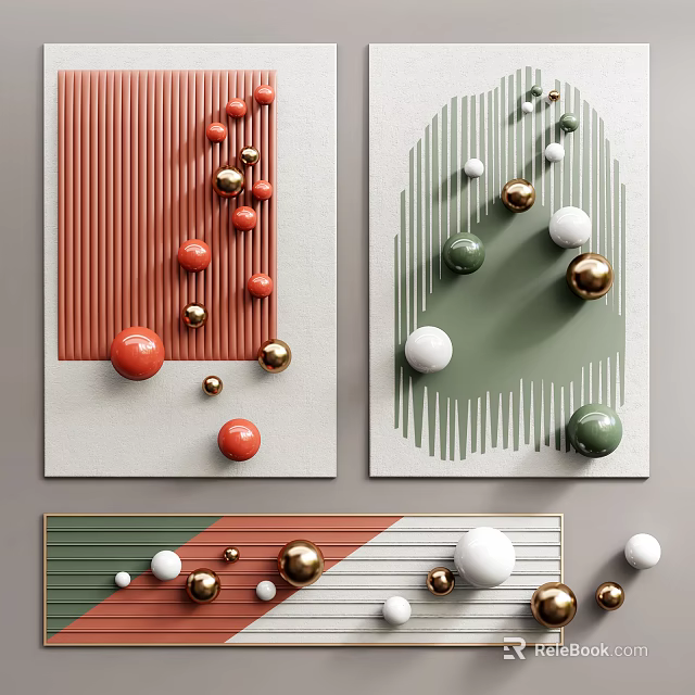 Modern Wall Decor With Colorful Balls Geometric Shapes And Striped Backgrounds 3d model 