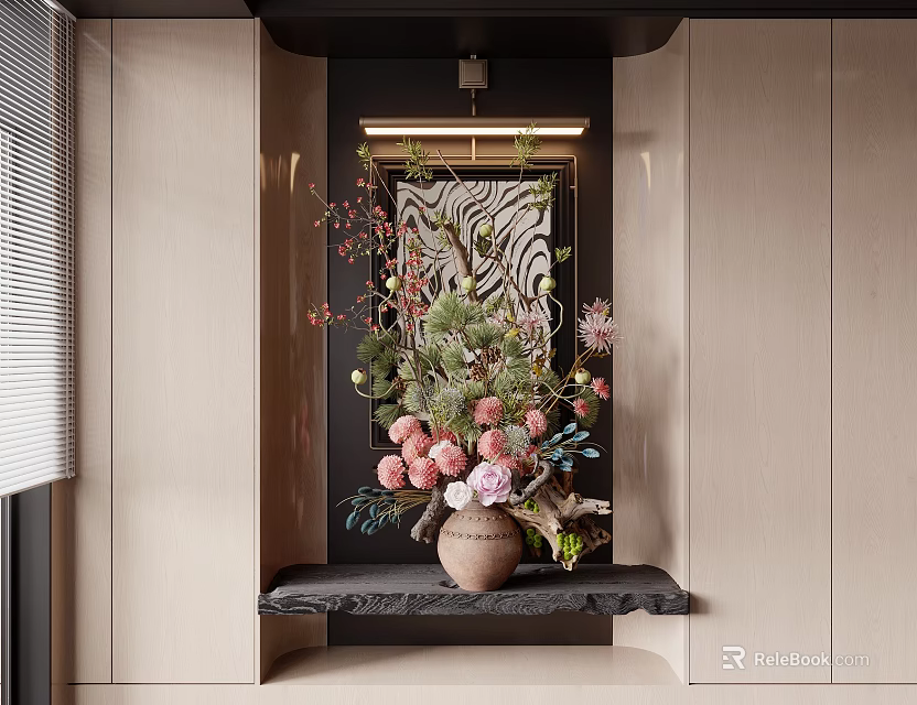 Terracotta Vase With Pink Blooms And Green Foliage On Black Shelf In Modern Interior 3d model 