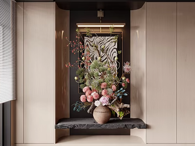 Terracotta Vase With Pink Blooms And Green Foliage On Black Shelf In Modern Interior 3d model
