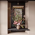 Terracotta Vase With Pink Blooms And Green Foliage On Black Shelf In Modern Interior