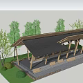 Wooden Rest Pavilion With Open Roof Structure Green Trees And Seating Area