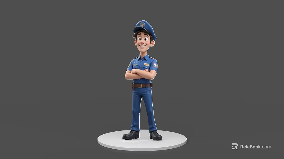 Cartoon Game Movie Character Police Officer In Blue Uniform With Hat And Crossed Arms 3d model 