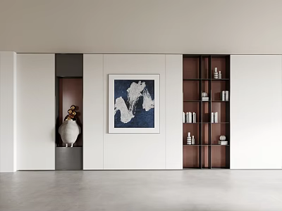 White Modern Background Wall With Blue And White Painting Dark Bookshelf And White Sculpture Decor 3d model