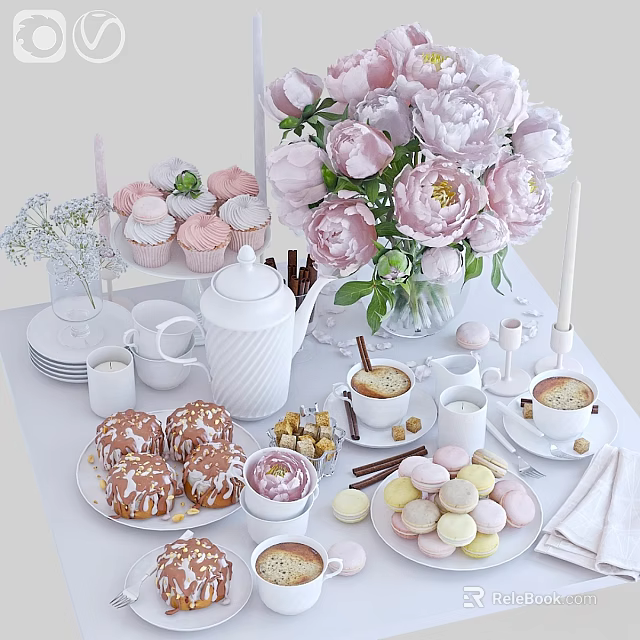 Elegant Tableware Set With Tea Pot Cups Pastries And Pink Flowers Decor 3d model
