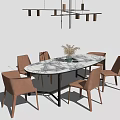 Modern Marble Dining Table Set With Brown Chairs And Pendant Light 3d model