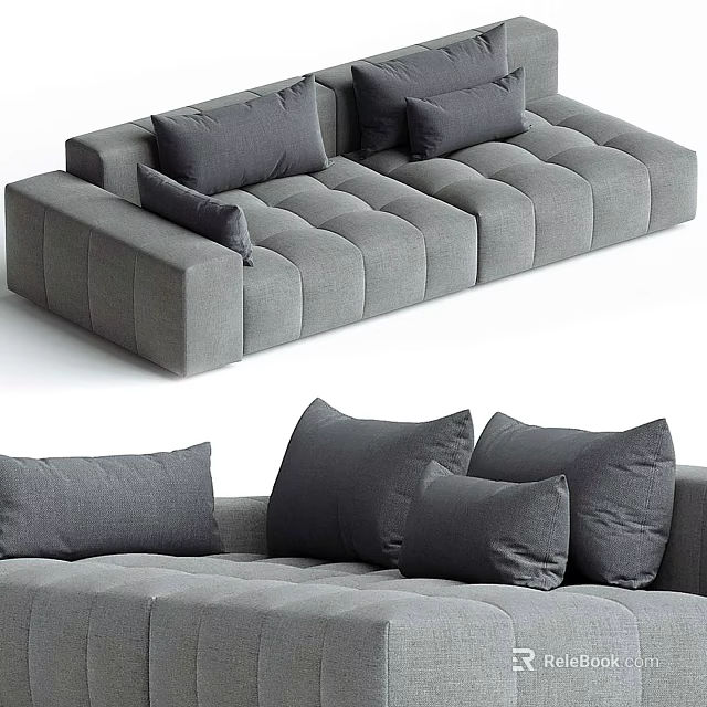 Modern Gray Sectional Sofa With Tufted Design And Multiple Plush Cushions 3d model