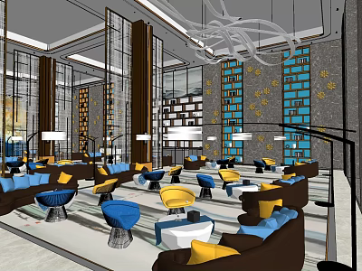 Modern Lounge Area With Yellow Blue Cushions Sofas Chairs And Pendant Lights 3d model