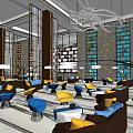 Modern Lounge Area With Yellow Blue Cushions Sofas Chairs And Pendant Lights