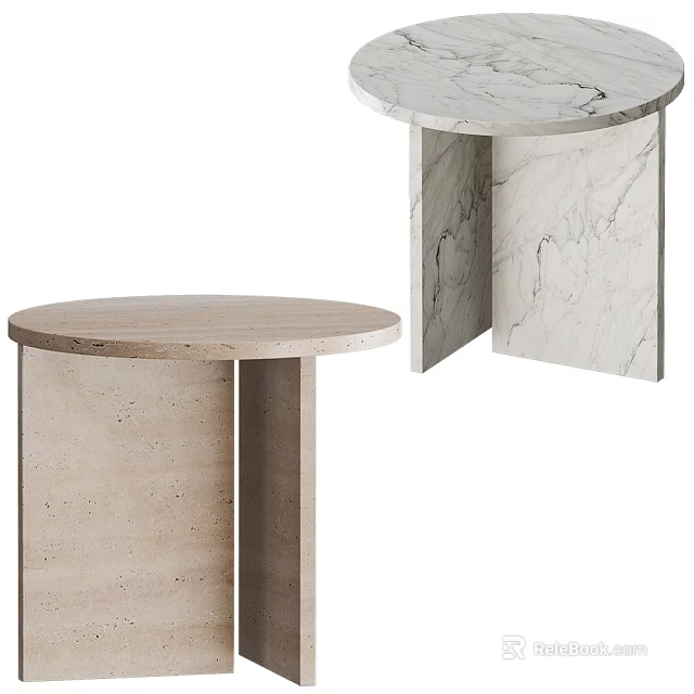 Modern Round Side Tables With Marble Top And Beige Stone Double Pedestal Base 3d model 