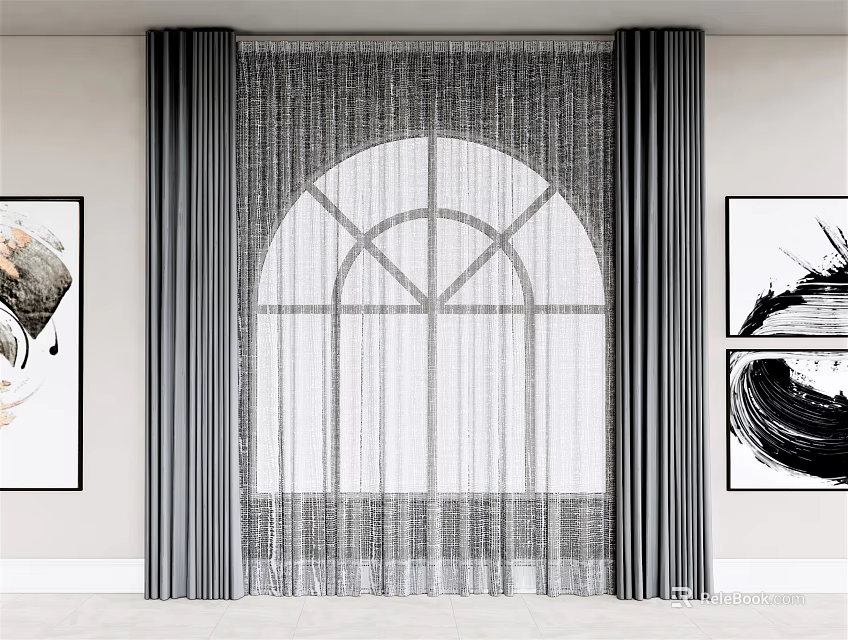 Arched Window Curtains with Double Layer Dark Vertical Stripes Sheer Inner and Abstract Paintings 3d model 
