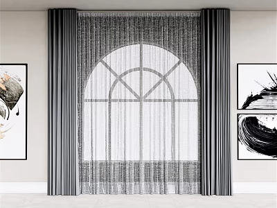 Arched Window Curtains with Double Layer Dark Vertical Stripes Sheer Inner and Abstract Paintings 3d model