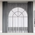 Arched Window Curtains with Double Layer Dark Vertical Stripes Sheer Inner and Abstract Paintings