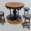Three Wooden Leisure Chairs With Gray Padded Seats And Round Wooden Table