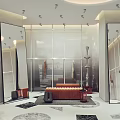 Modern Fashion Clothing Store Interior With Mannequins Red Decor Clothing Racks Display Tables and Lighting