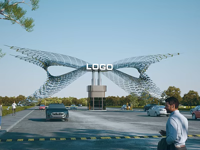 Modern Entrance Gate With Mesh Design LOGO Cars People And Trees Around 3d model