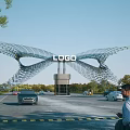 Modern Entrance Gate With Mesh Design LOGO Cars People And Trees Around