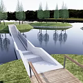 Modern Landscape Bridge Over Water With Green Grassland And Trees Reflections