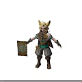 Young Fantasy Character with Golden Horns Holding Blue Patterned Scroll and Carrying Gear