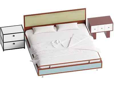 Double Bed With Brown Beige Headboard White Sheets And Bedside Tables 3d model