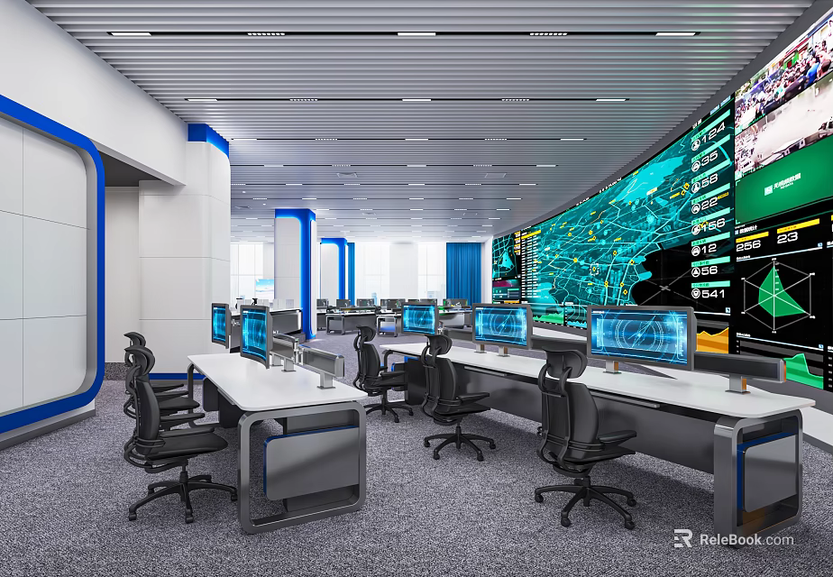 Modern Control Room With Multiple Monitor Screens Console Desks And Ergonomic Chairs 3d model 