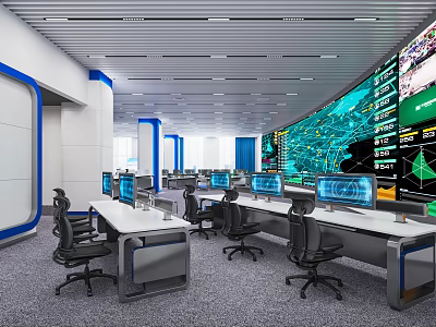 Modern Control Room With Multiple Monitor Screens Console Desks And Ergonomic Chairs 3d model