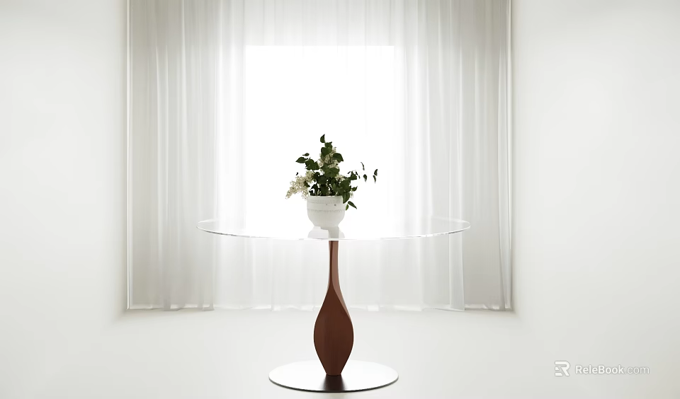 Round Transparent Dining Table With Brown Drop Base White Pot Green Plants White Curtains Bright Window 3d model 