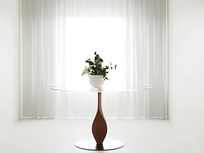 Round Transparent Dining Table With Brown Drop Base White Pot Green Plants White Curtains Bright Window 3d model