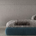Stylish Blue Upholstered Double Bed In Minimalist Raw Concrete Bedroom With Practical Work Desk