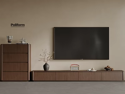 Modern Wooden TV Cabinet With Vase Radio Ornaments And Chest Of Drawers On Beige Wall 3d model