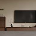 Modern Wooden TV Cabinet With Vase Radio Ornaments And Chest Of Drawers On Beige Wall