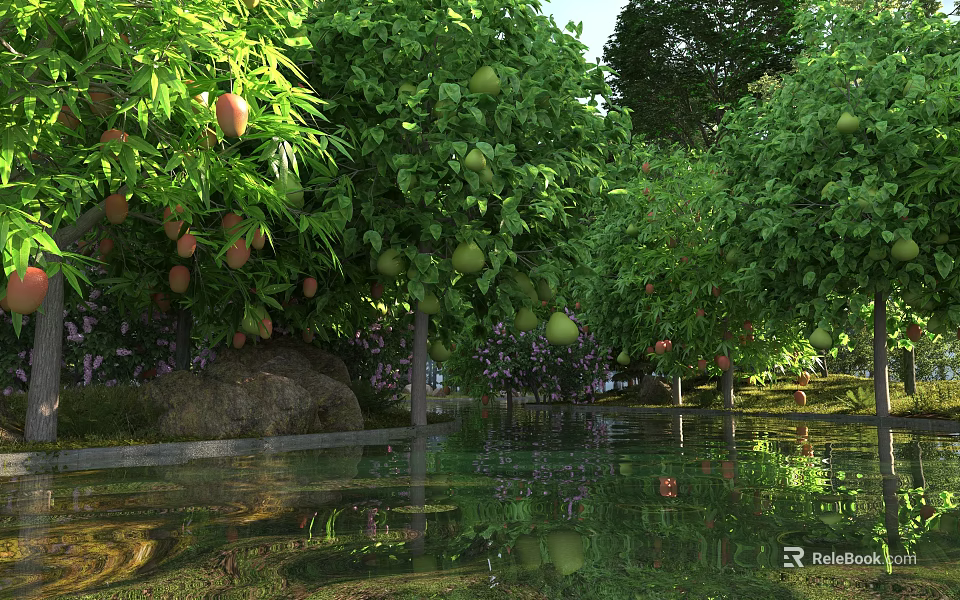 Lush Garden Landscape With Fruit Trees Water Reflection And Purple Flowers 3d model 